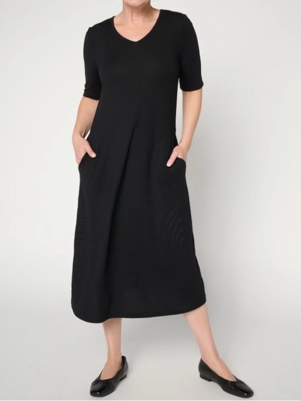 Denim & Co. Regular Heavenly Jersey Elbow Sleeve Midi Dress Black Size Medium
